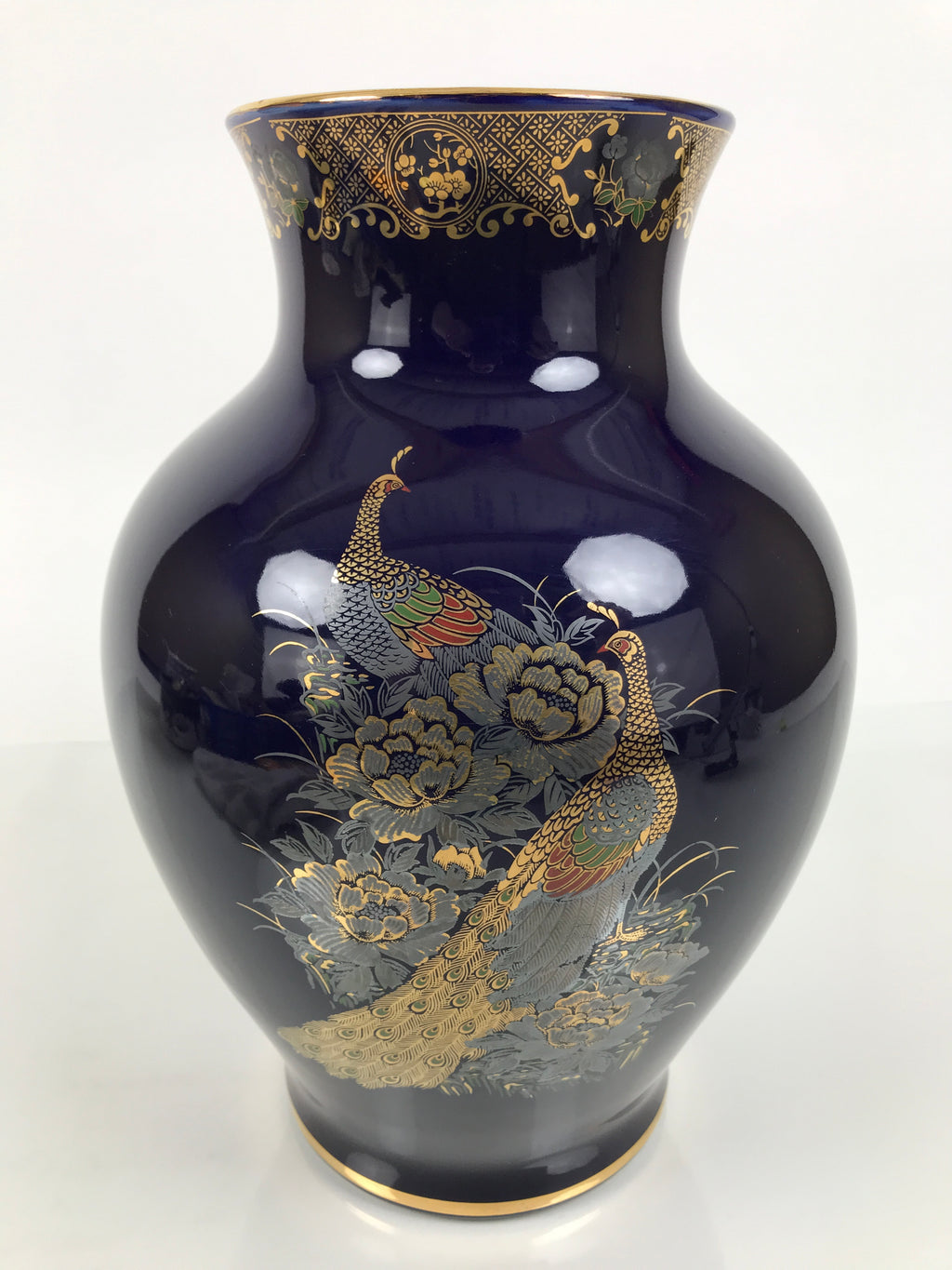 Japanese Porcelain Flower Vase Vtg Kabin Blue Peacock Bird Gold Floral FK268-KT - Vase-chidorivintage.com