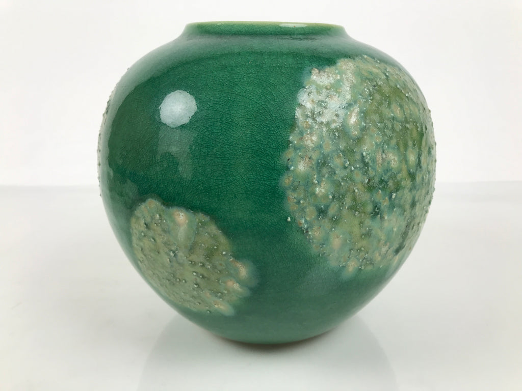 Japanese Porcelain Flower Vase Vtg Ikebana Kabin Crackle Round Green FK270-KT - Vase-chidorivintage.com