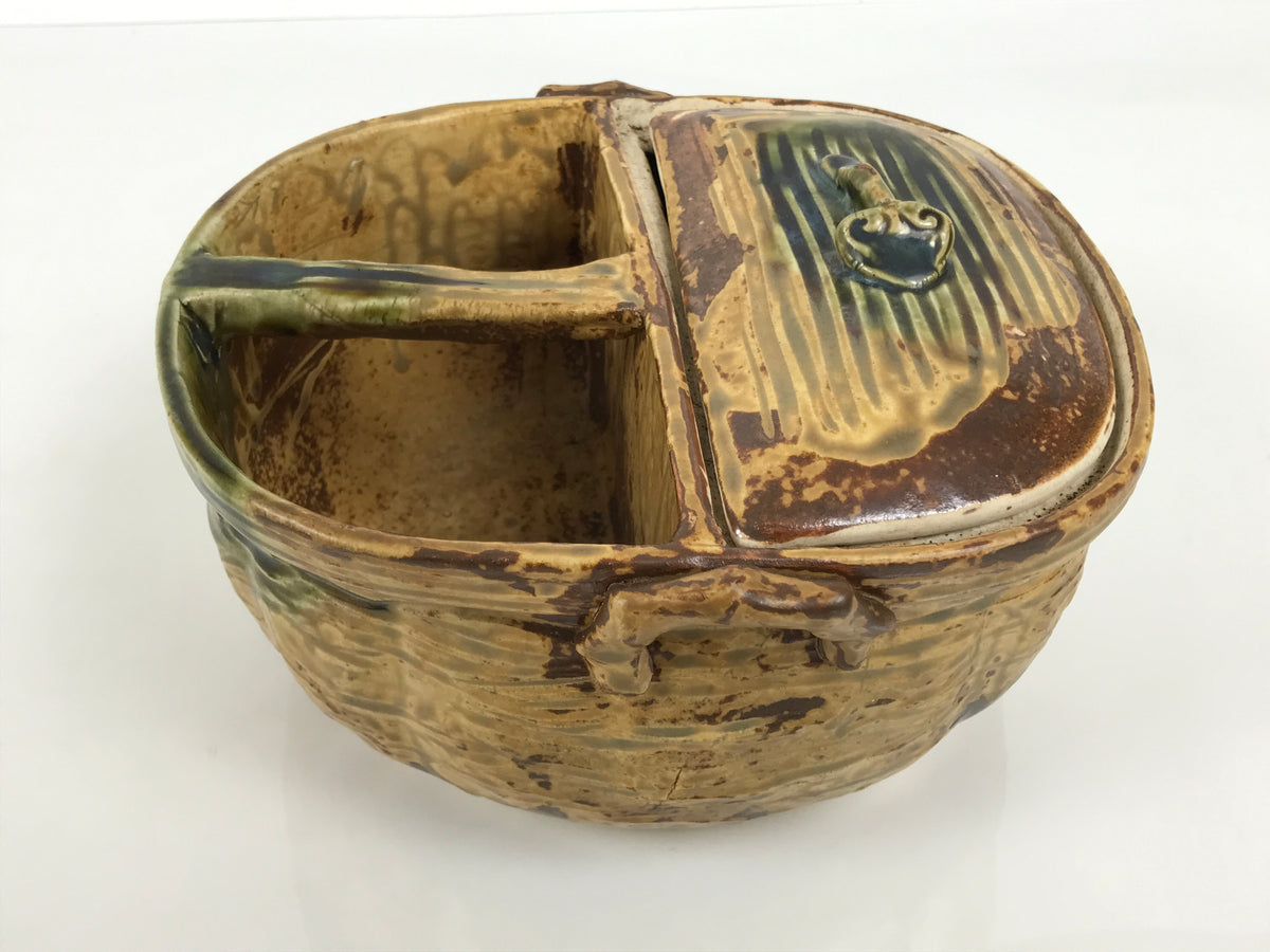 Japanese Oribe Ceramic Snack Bowl Lidded Kashiki Compartments Pottery Brown Y632-KT - Bowl-chidorivintage.com