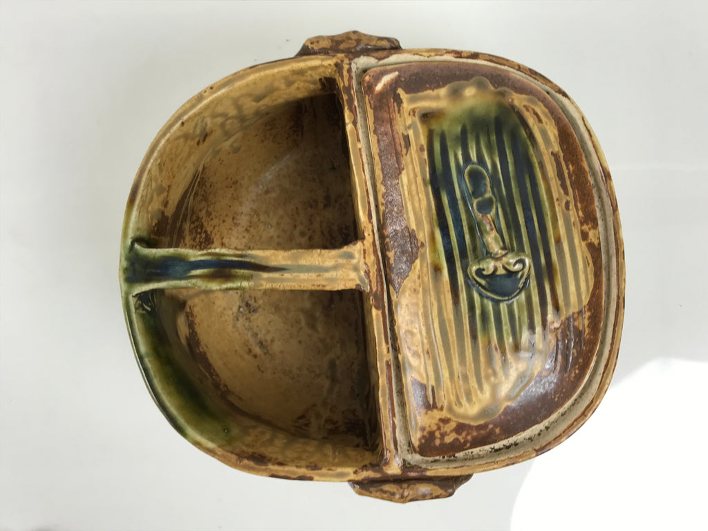 Japanese Oribe Ceramic Snack Bowl Lidded Kashiki Compartments Pottery Brown Y632-KT - Bowl-chidorivintage.com