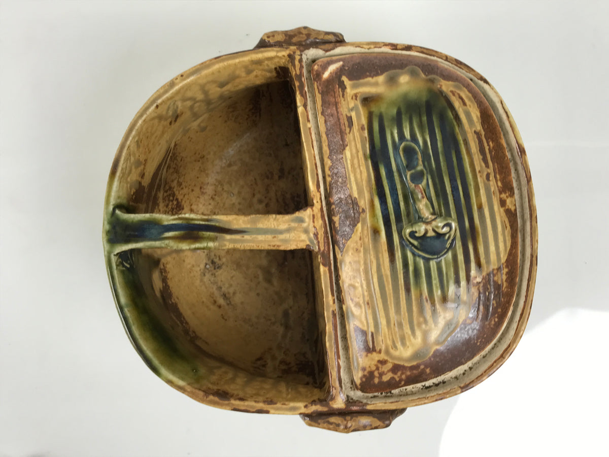 Japanese Oribe Ceramic Snack Bowl Lidded Kashiki Compartments Pottery Brown Y632-KT - Bowl-chidorivintage.com