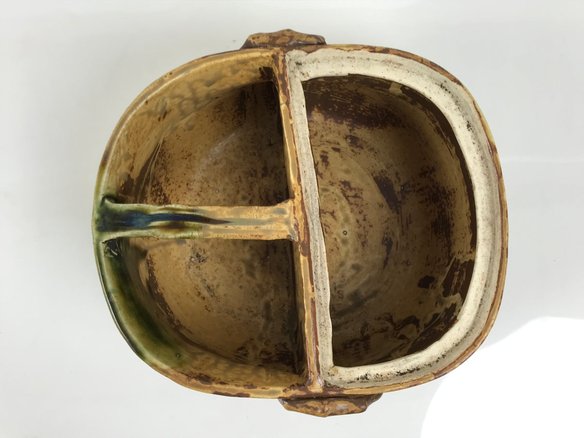 Japanese Oribe Ceramic Snack Bowl Lidded Kashiki Compartments Pottery Brown Y632-KT - Bowl-chidorivintage.com