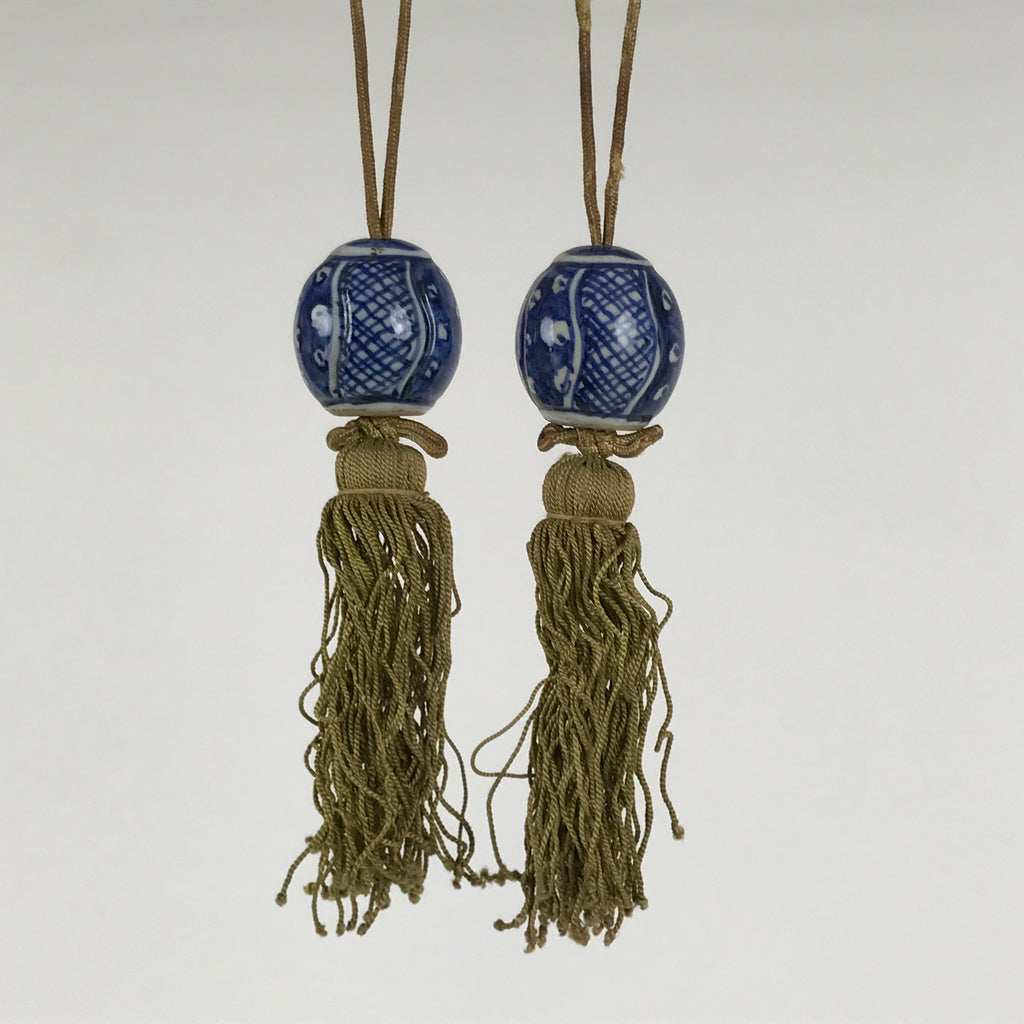 Japanese Porcelain Hanging Scroll Weights Vtg Fuchin Kakejiku Blue White FC374-AD - Scroll Accessory-chidorivintage.com