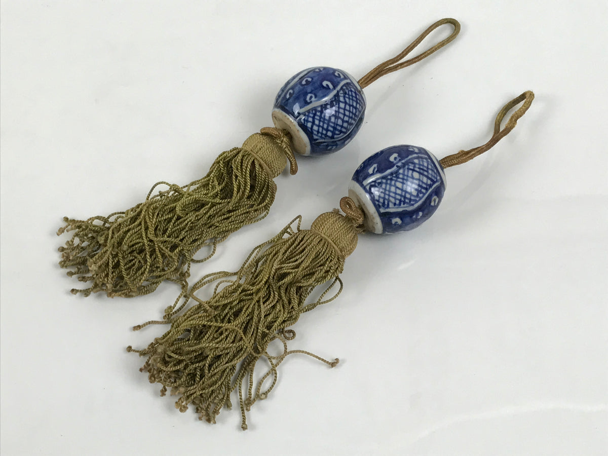 Japanese Porcelain Hanging Scroll Weights Vtg Fuchin Kakejiku Blue White FC374-AD - Scroll Accessory-chidorivintage.com