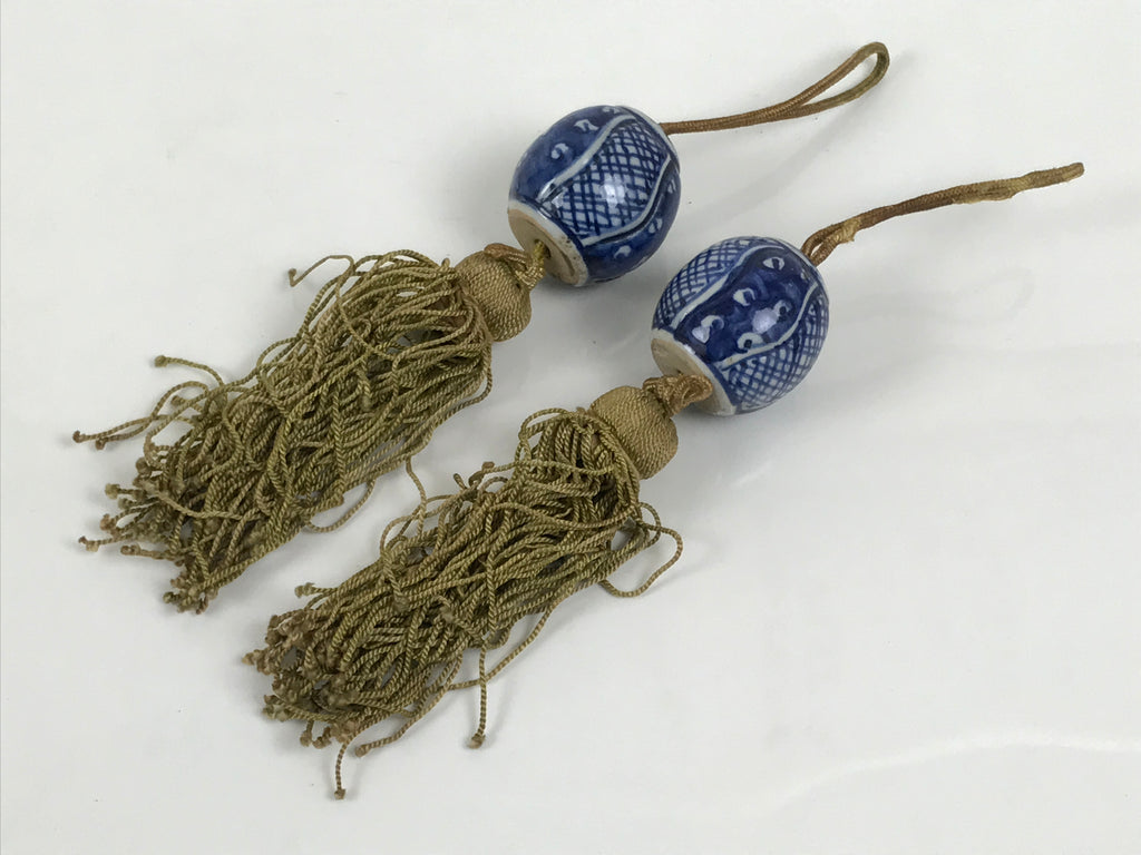 Japanese Porcelain Hanging Scroll Weights Vtg Fuchin Kakejiku Blue White FC374-AD - Scroll Accessory-chidorivintage.com