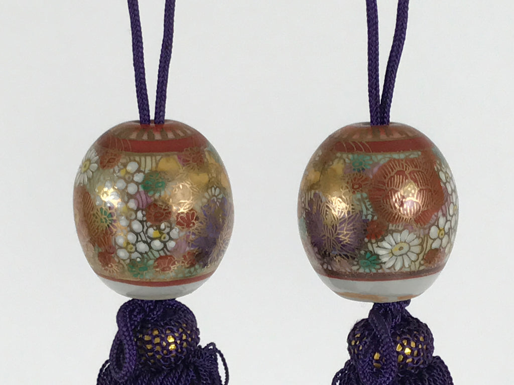 Japanese Porcelain Hanging Scroll Weights Vtg Fuchin Kakejiku Floral Red FC373-AD - Scroll Accessory-chidorivintage.com