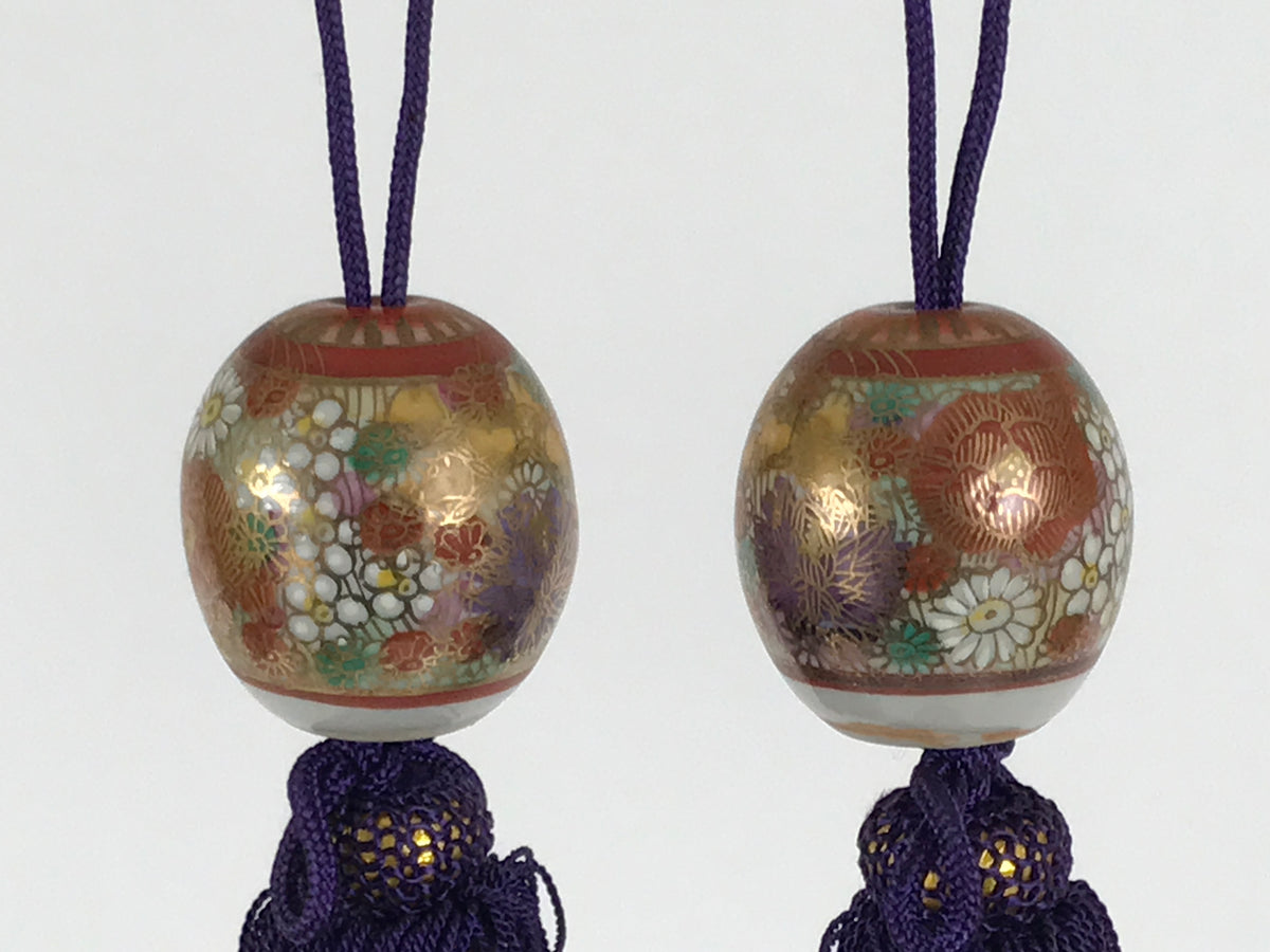 Japanese Porcelain Hanging Scroll Weights Vtg Fuchin Kakejiku Floral Red FC373-AD - Scroll Accessory-chidorivintage.com