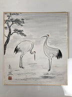 Japanese Shikishi Art Board Vtg Painting Two Cranes Tsuru Tanchou White Red A833-AD - Painting-chidorivintage.com