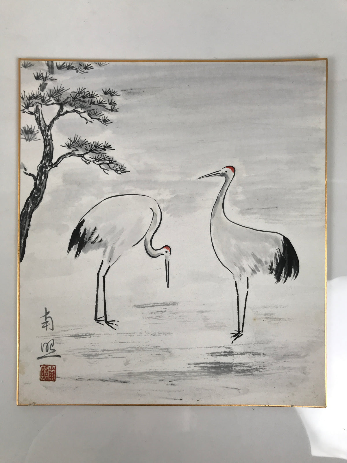 Japanese Shikishi Art Board Vtg Painting Two Cranes Tsuru Tanchou White Red A833-AD - Painting-chidorivintage.com