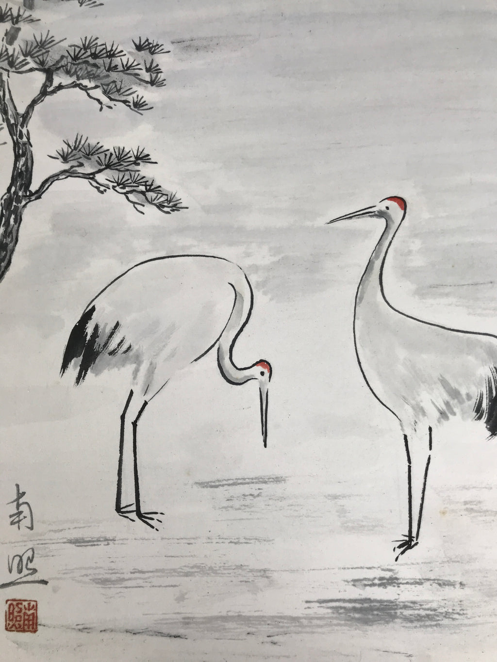 Japanese Shikishi Art Board Vtg Painting Two Cranes Tsuru Tanchou White Red A833-AD - Painting-chidorivintage.com