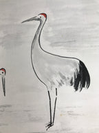 Japanese Shikishi Art Board Vtg Painting Two Cranes Tsuru Tanchou White Red A833-AD - Painting-chidorivintage.com
