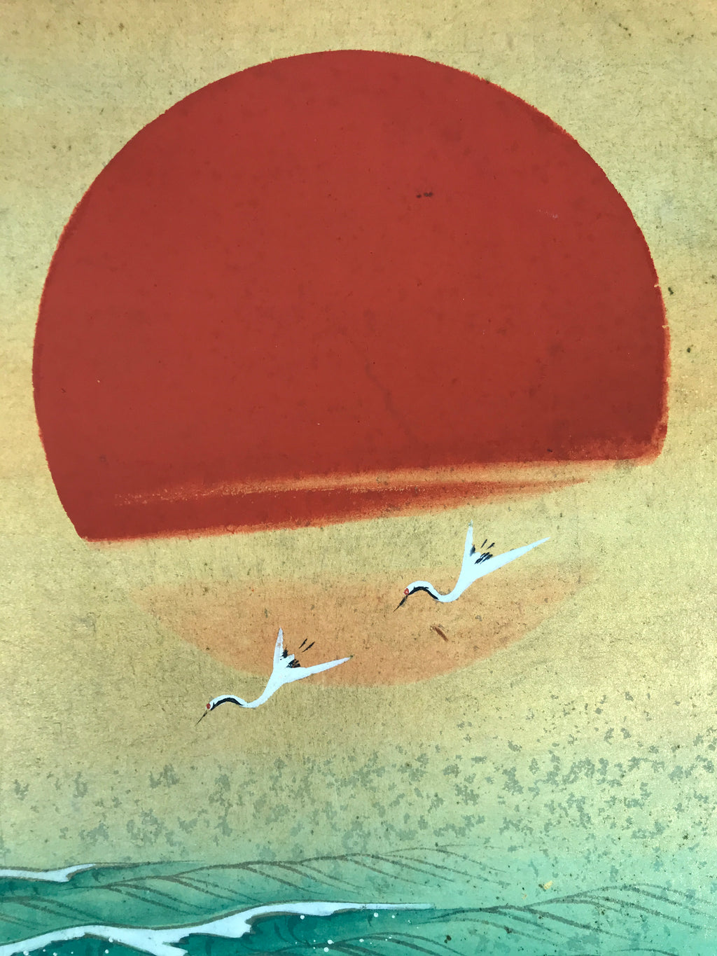 Japanese Shikishi Art Board Painting Rising Sun Crane Ocean Wave Red Gold A852-AD - Painting-chidorivintage.com