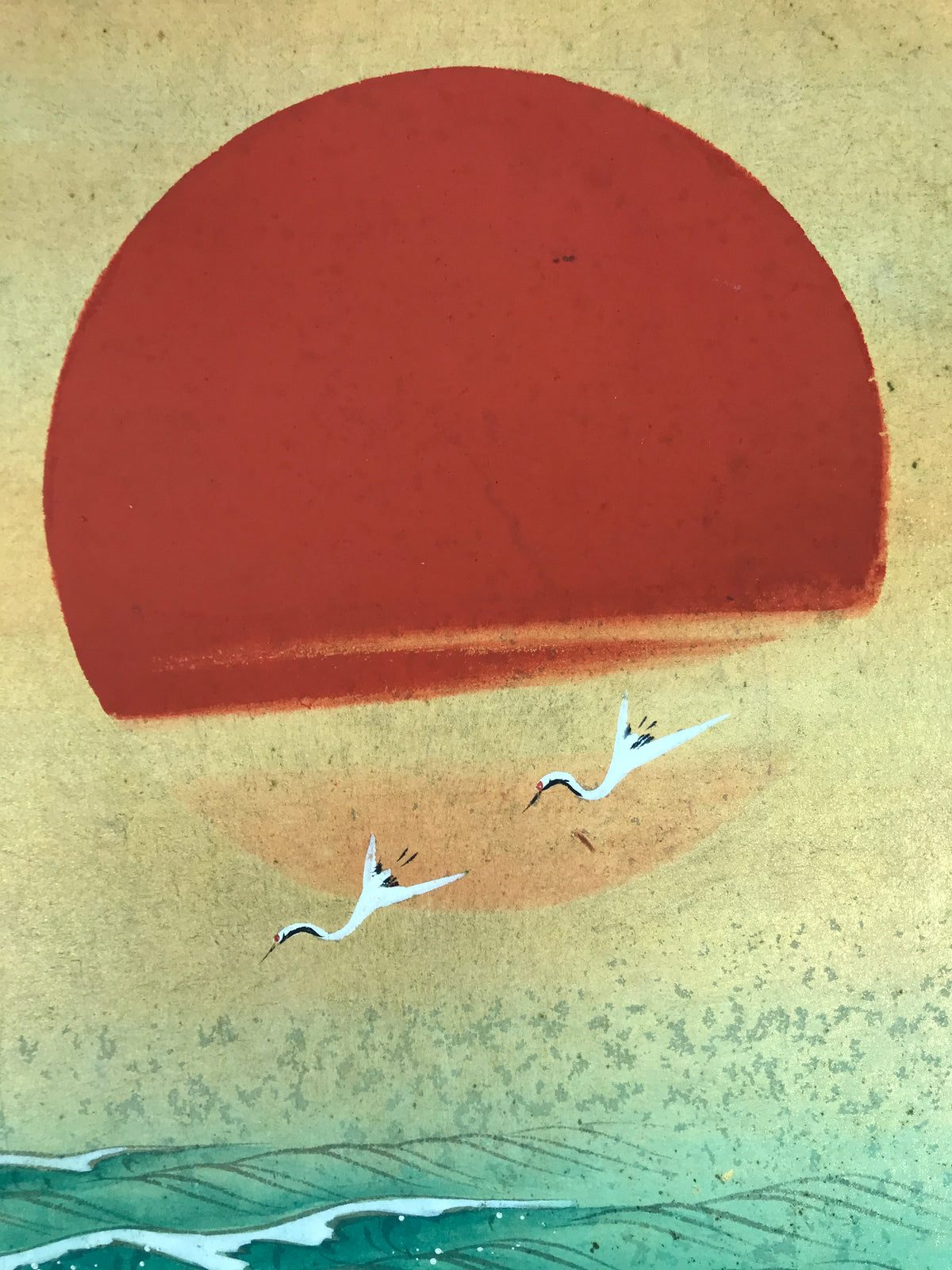 Japanese Shikishi Art Board Painting Rising Sun Crane Ocean Wave Red Gold A852-AD - Painting-chidorivintage.com