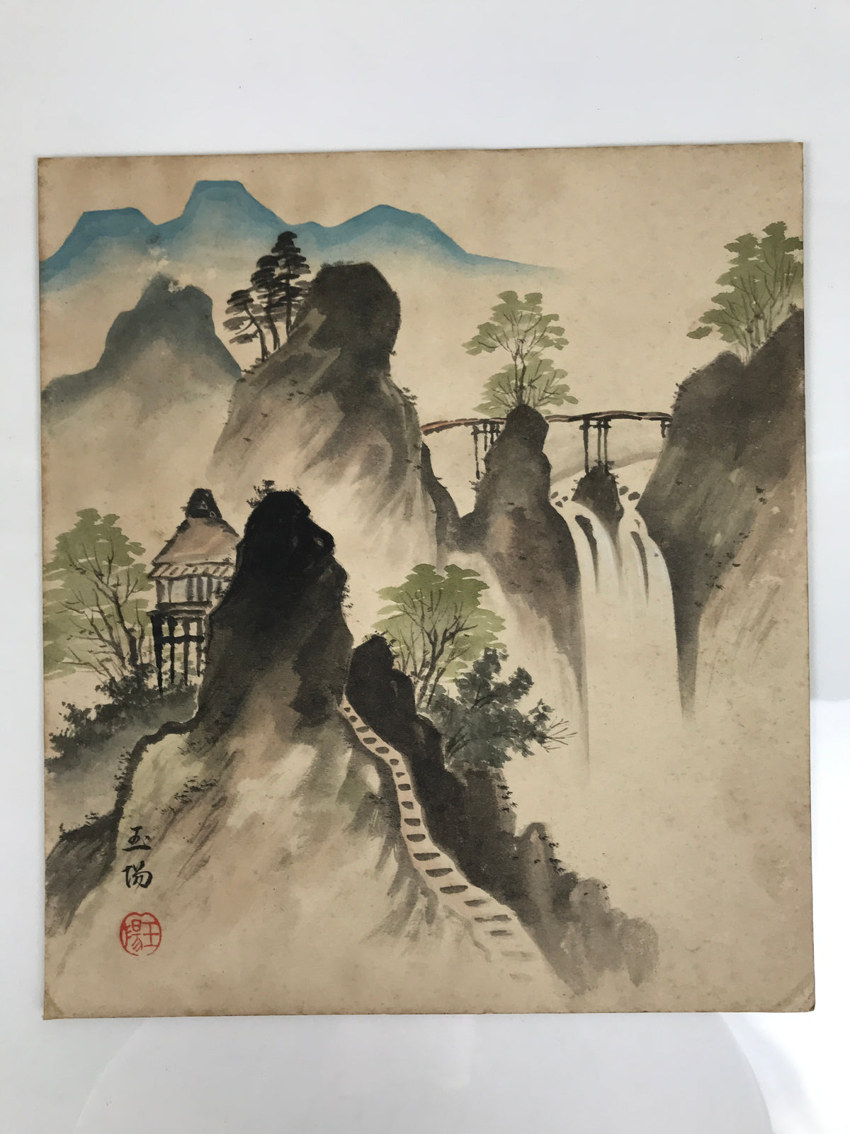 Japanese Shikishi Art Board Painting Mountain Valley River Waterfall Scene A853-AD - Painting-chidorivintage.com