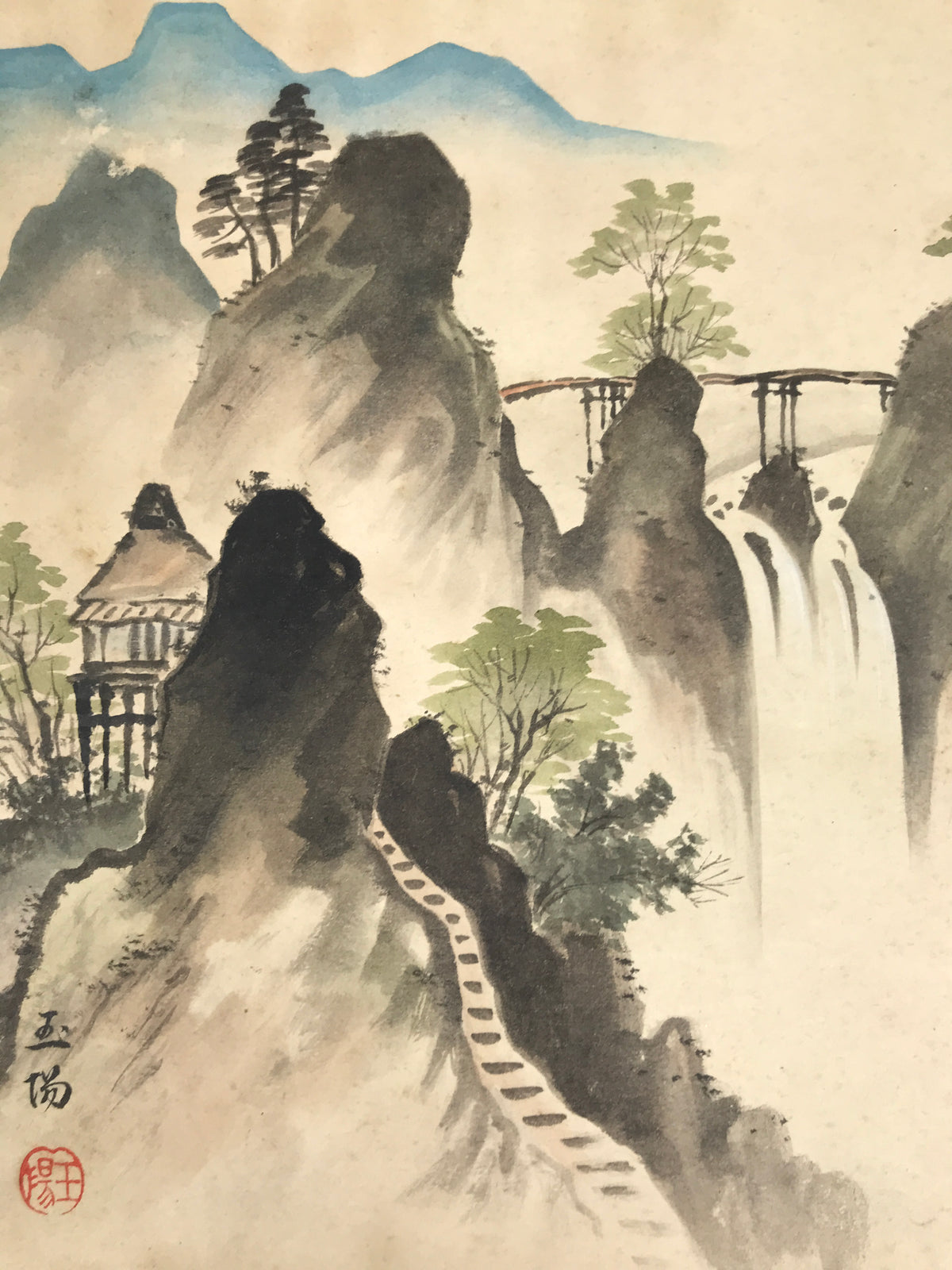 Japanese Shikishi Art Board Painting Mountain Valley River Waterfall Scene A853-AD - Painting-chidorivintage.com