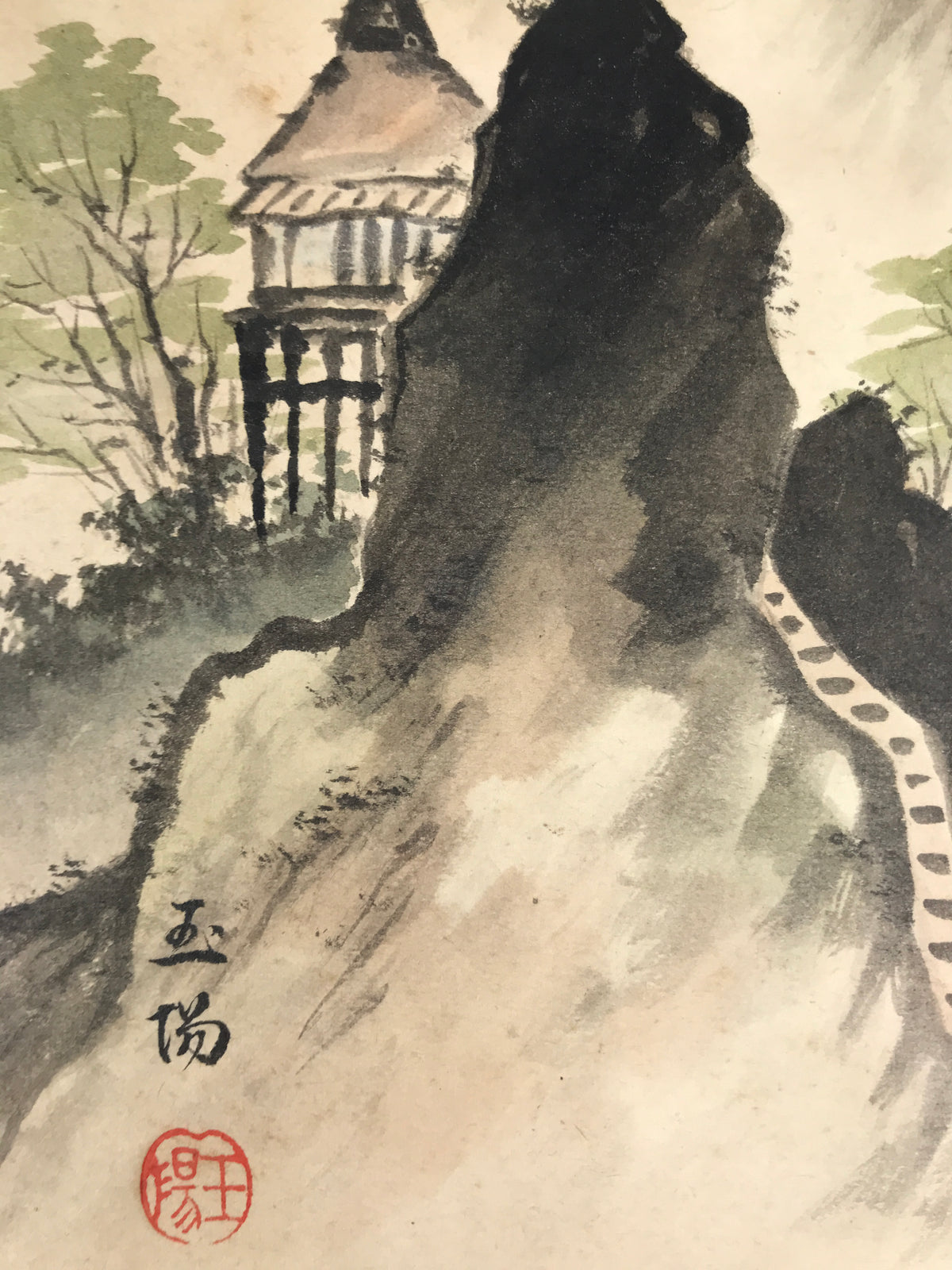 Japanese Shikishi Art Board Painting Mountain Valley River Waterfall Scene A853-AD - Painting-chidorivintage.com