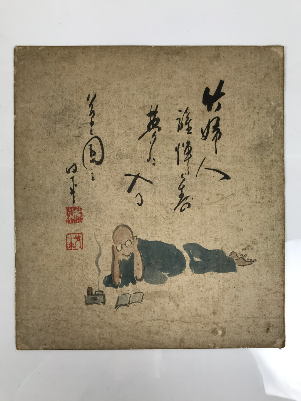 Japanese Shikishi Art Board Vtg Silk Painting Poem Haiku Summer Black Blue A854-AD - Painting-chidorivintage.com