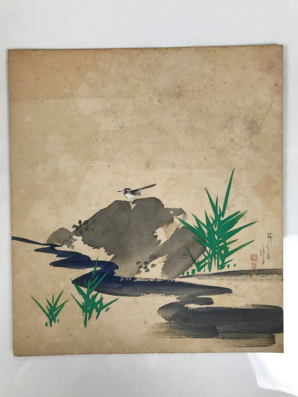 Japanese Shikishi Art Board Vtg Silk Painting River Bird Gray Green Blue A855-AD - Painting-chidorivintage.com