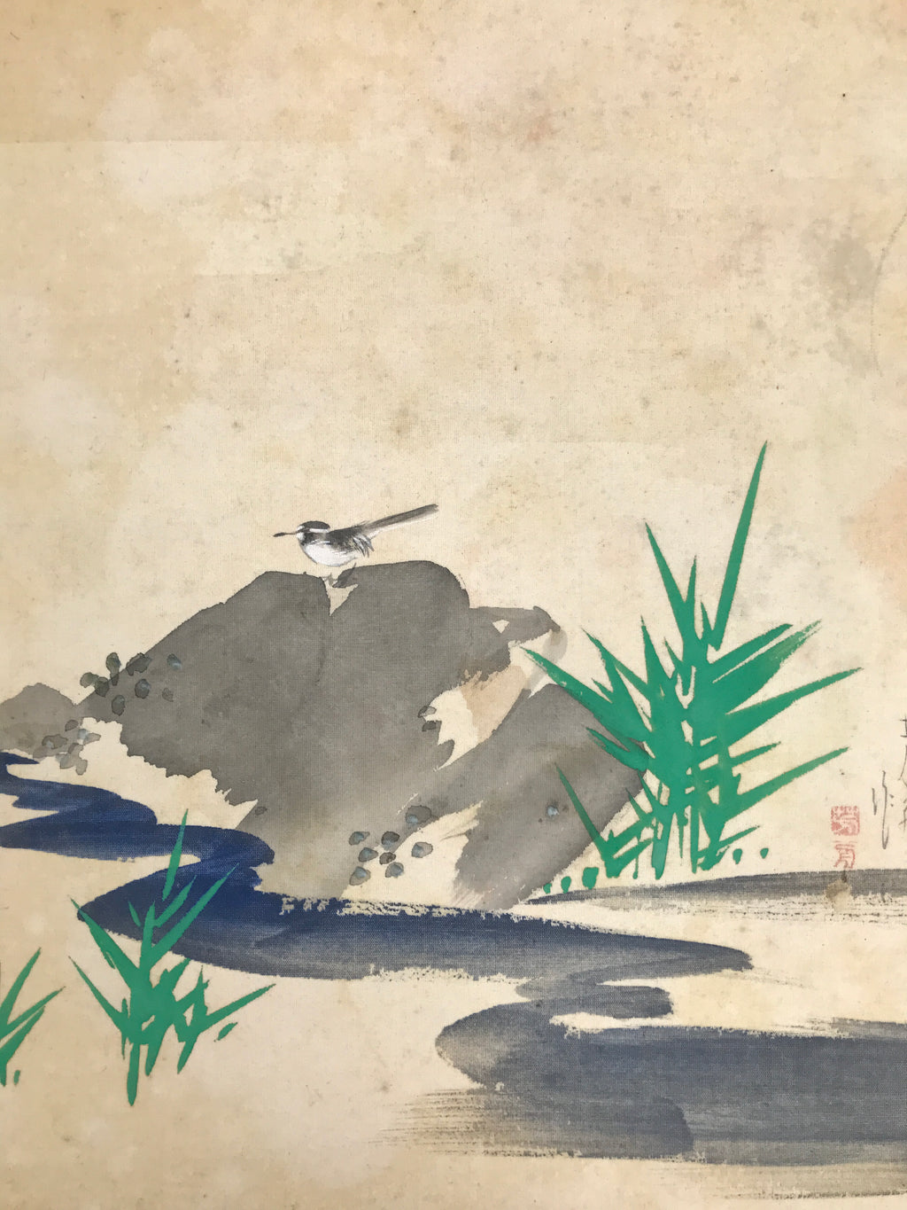 Japanese Shikishi Art Board Vtg Silk Painting River Bird Gray Green Blue A855-AD - Painting-chidorivintage.com