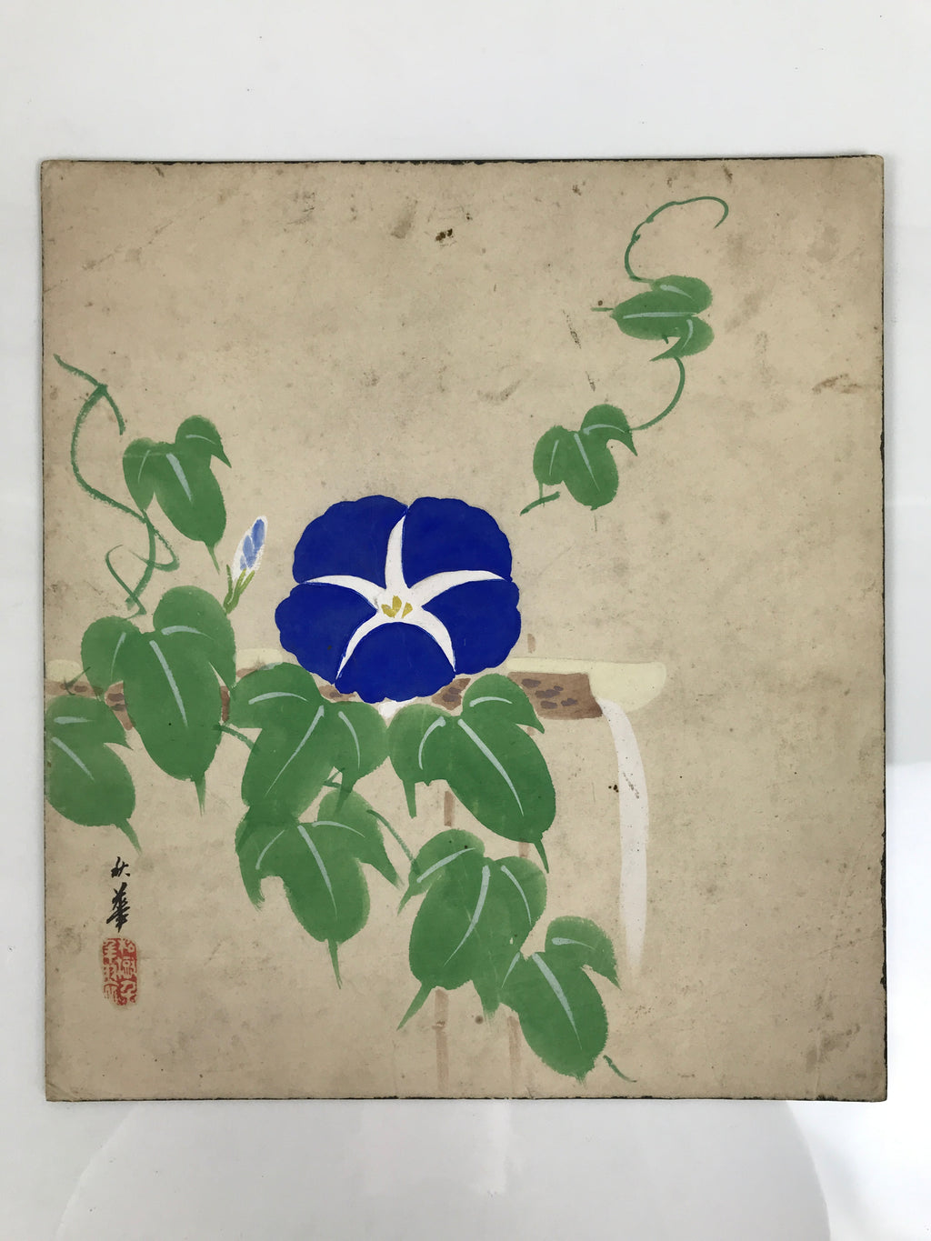 Japanese Shikishi Art Board Vtg Painting Morning Glory Summer Blue Green A856-AD - Painting-chidorivintage.com