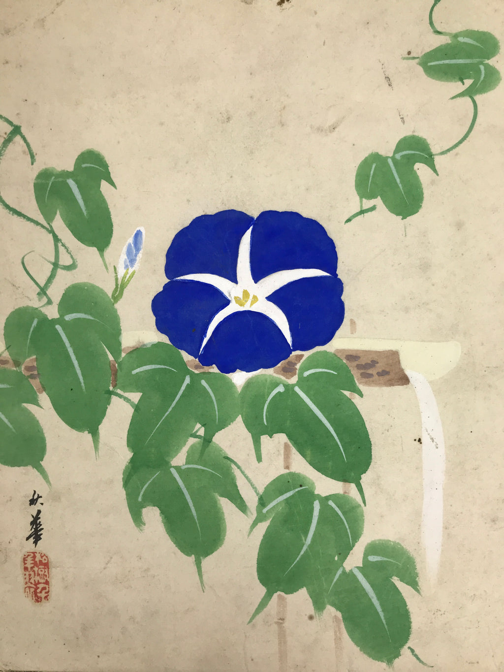 Japanese Shikishi Art Board Vtg Painting Morning Glory Summer Blue Green A856-AD - Painting-chidorivintage.com