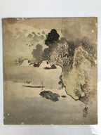 Japanese Shikishi Art Board Vtg Silk Painting Mountains Village Snow Gray A857-AD - Painting-chidorivintage.com