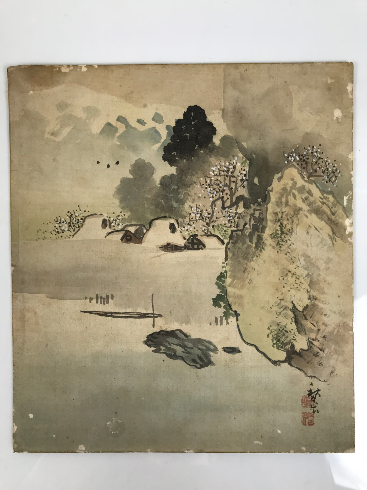 Japanese Shikishi Art Board Vtg Silk Painting Mountains Village Snow Gray A857-AD - Painting-chidorivintage.com