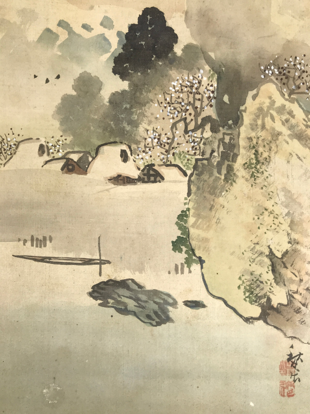 Japanese Shikishi Art Board Vtg Silk Painting Mountains Village Snow Gray A857-AD - Painting-chidorivintage.com