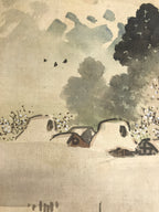 Japanese Shikishi Art Board Vtg Silk Painting Mountains Village Snow Gray A857-AD - Painting-chidorivintage.com