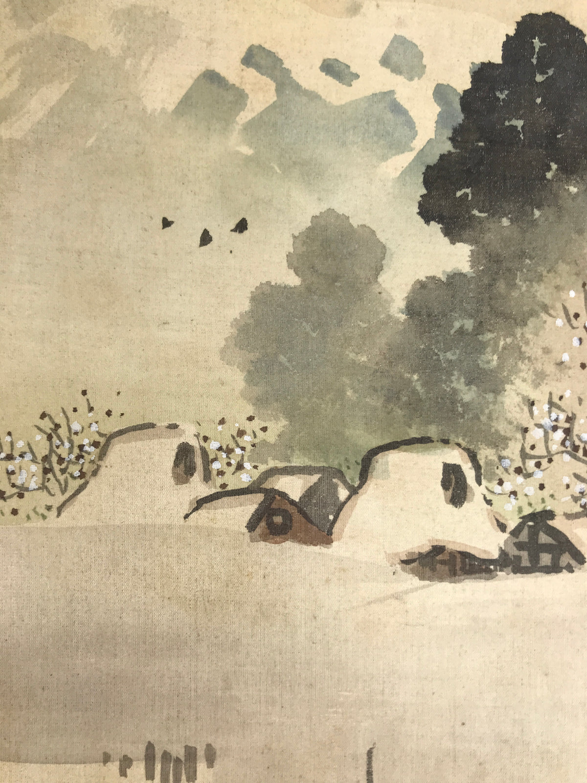 Japanese Shikishi Art Board Vtg Silk Painting Mountains Village Snow Gray A857-AD - Painting-chidorivintage.com