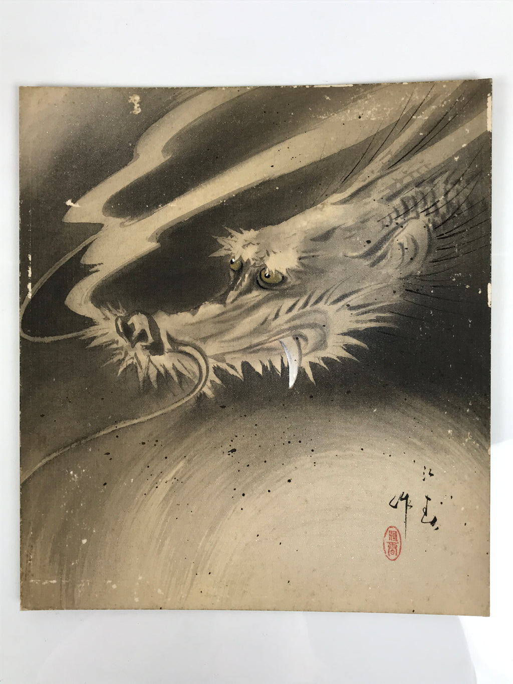 Japanese Shikishi Art Board Vtg Silk Painting Dragon Cloud Unryuzu Gray A859-AD - Painting-chidorivintage.com