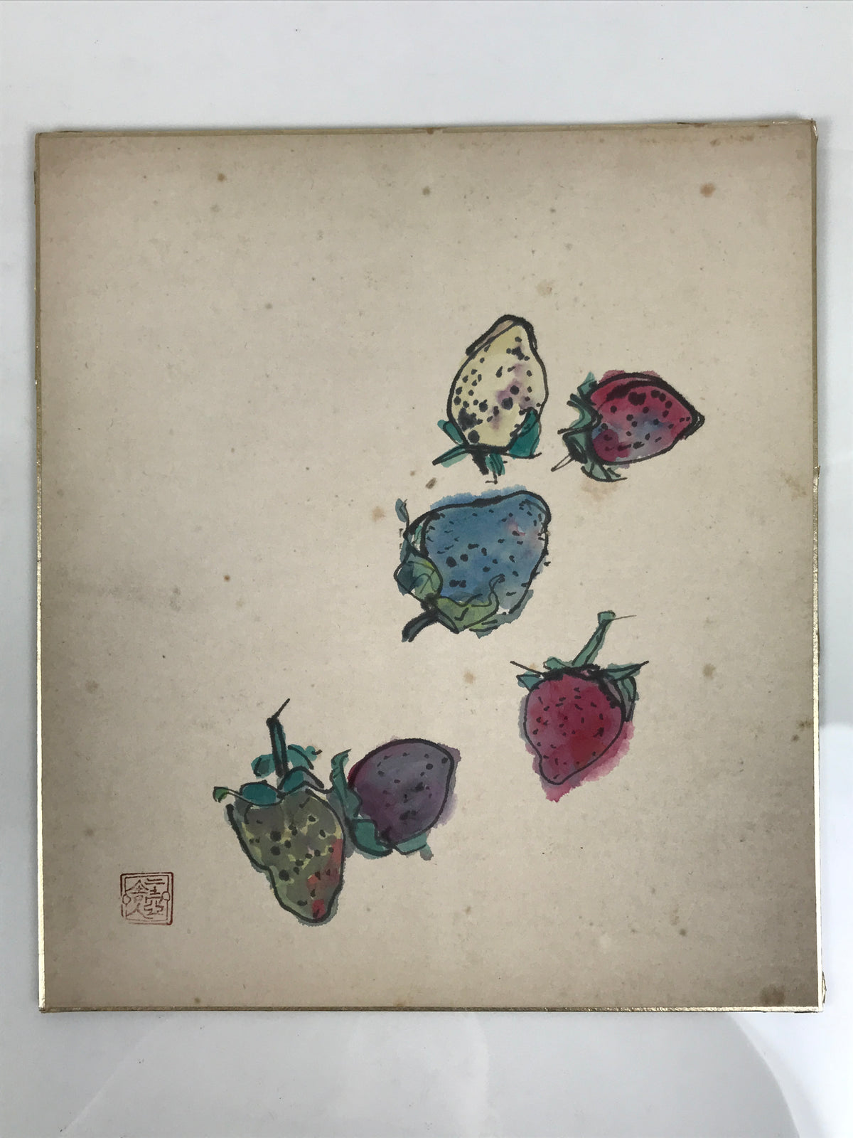 Japanese Shikishi Art Board Vtg Painting Strawberry Fruits Red Blue Green A861-AD - Painting-chidorivintage.com