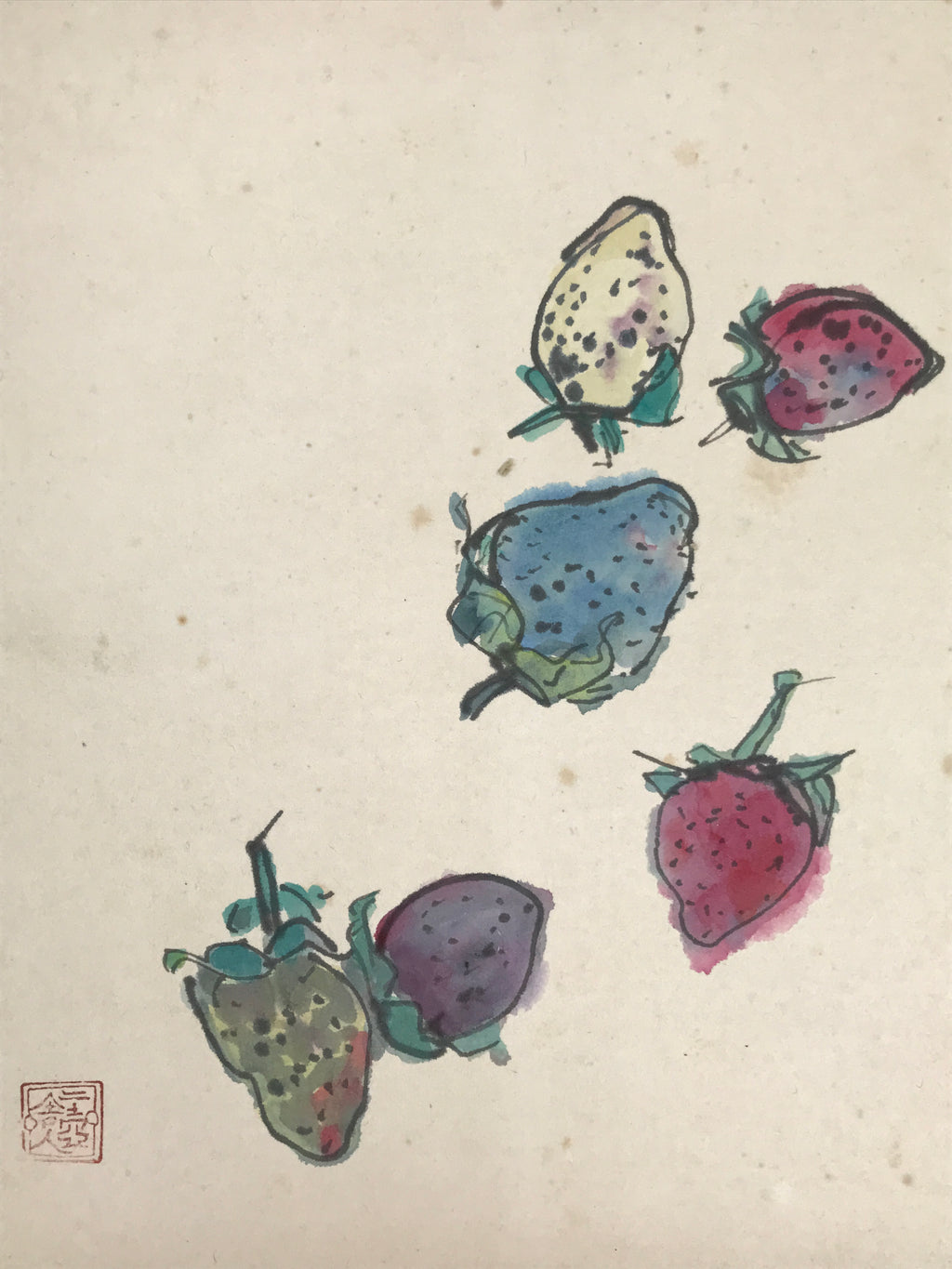 Japanese Shikishi Art Board Vtg Painting Strawberry Fruits Red Blue Green A861-AD - Painting-chidorivintage.com