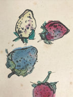 Japanese Shikishi Art Board Vtg Painting Strawberry Fruits Red Blue Green A861-AD - Painting-chidorivintage.com