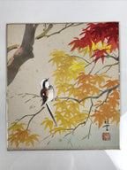 Japanese Shikishi Art Board Vtg Painting Autumn Leaves Momiji Small Bird A839-AD - Painting-chidorivintage.com