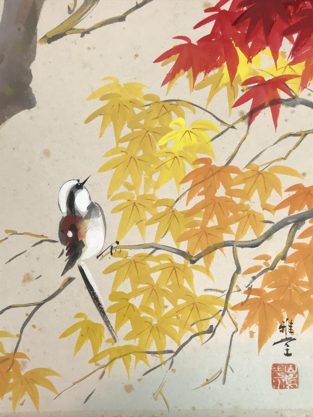 Japanese Shikishi Art Board Vtg Painting Autumn Leaves Momiji Small Bird A839-AD - Painting-chidorivintage.com