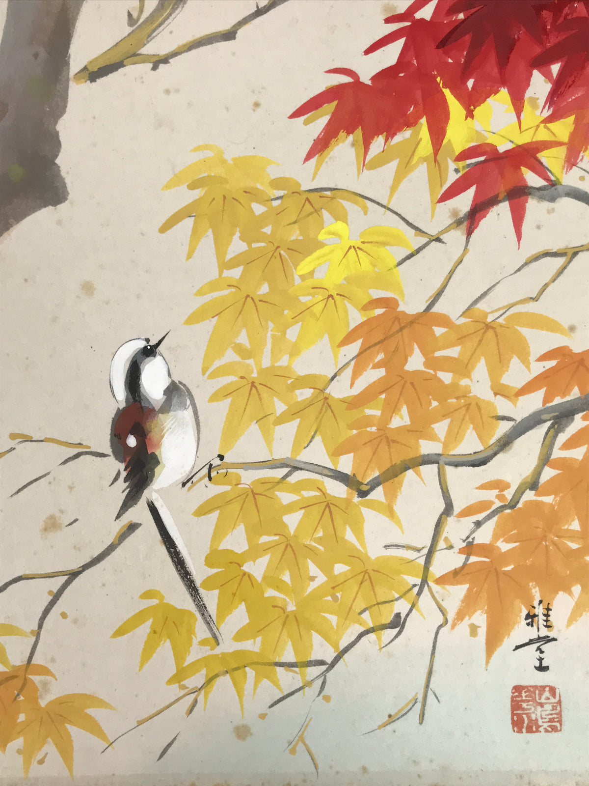 Japanese Shikishi Art Board Vtg Painting Autumn Leaves Momiji Small Bird A839-AD - Painting-chidorivintage.com