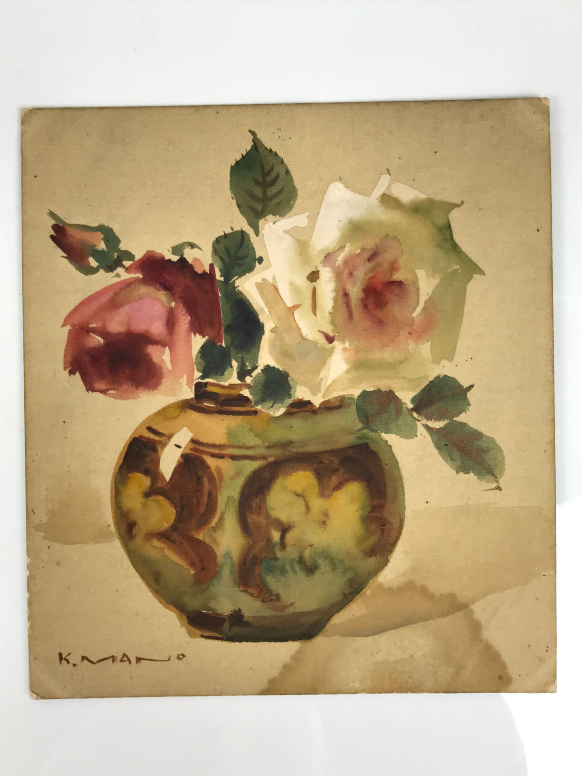 Japanese Shikishi Art Board Vtg Silk Painting Rose Flower Vase Red White A862-AD - Painting-chidorivintage.com