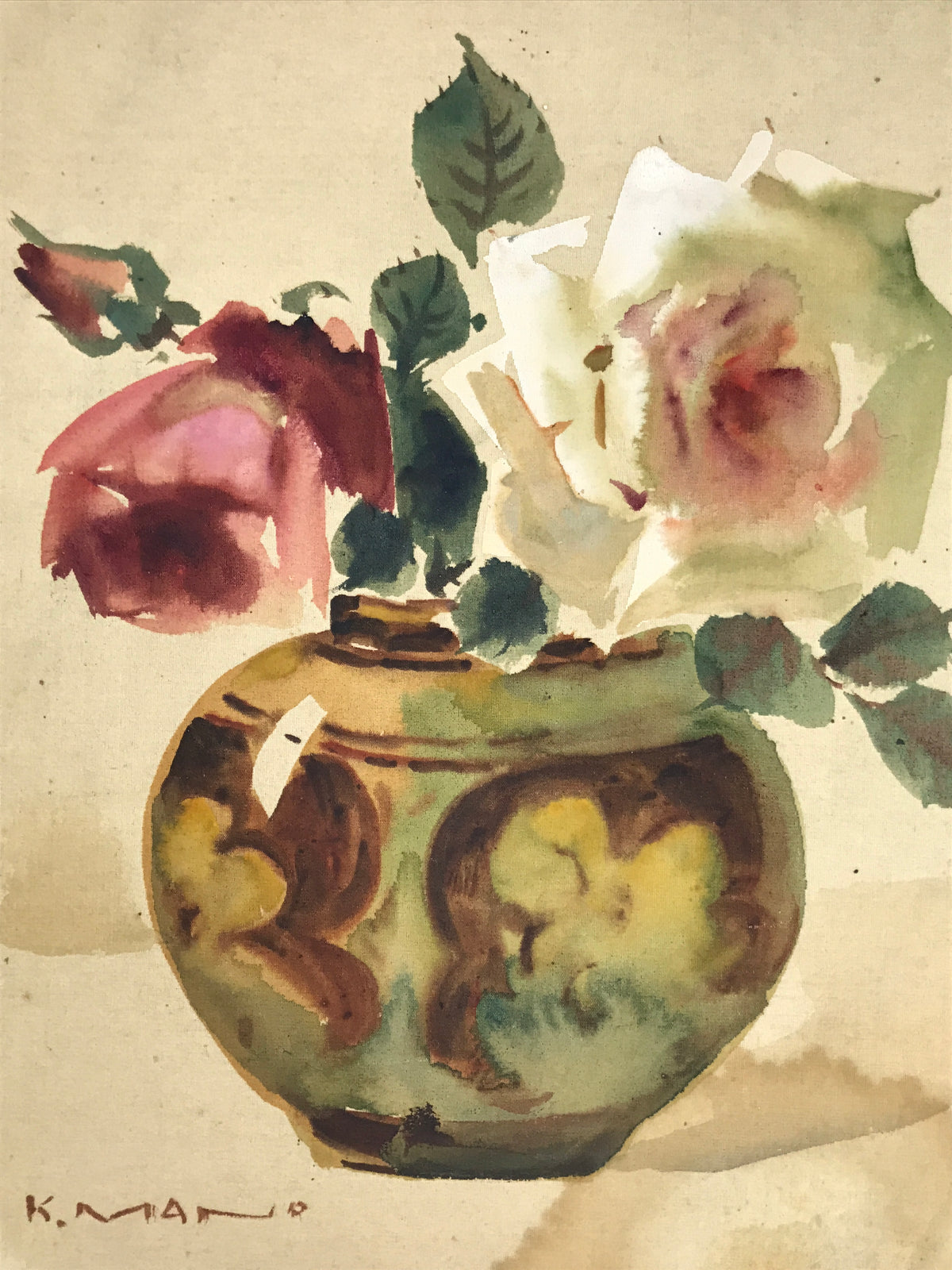 Japanese Shikishi Art Board Vtg Silk Painting Rose Flower Vase Red White A862-AD - Painting-chidorivintage.com