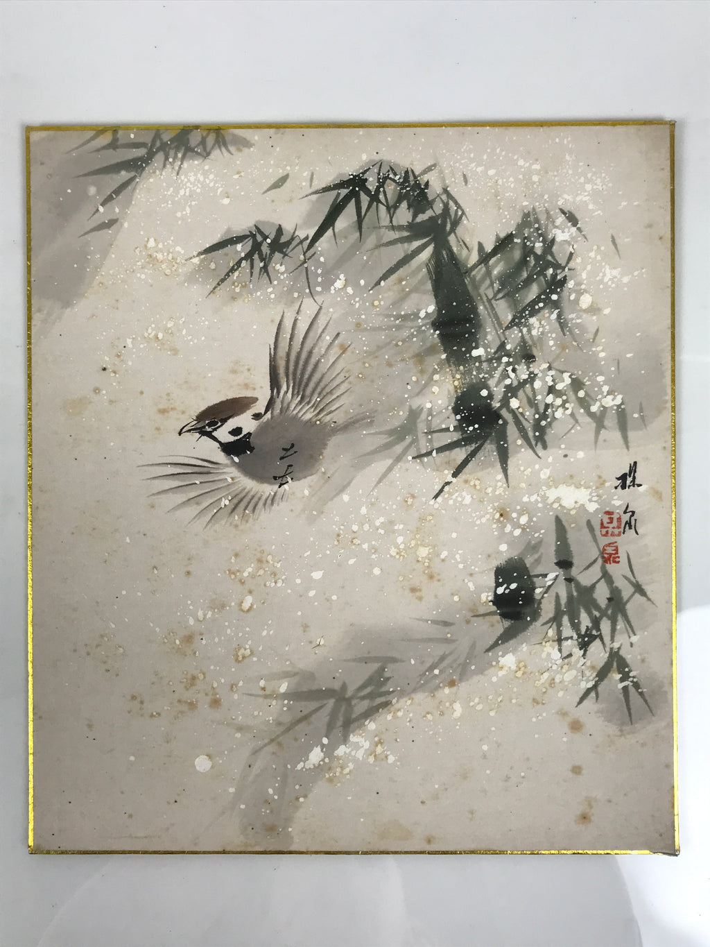 Japanese Shikishi Art Board Vtg Painting Suzume Sparrow Bird Winter Bamboo A834-AD - Painting-chidorivintage.com