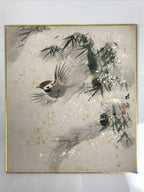 Japanese Shikishi Art Board Vtg Painting Suzume Sparrow Bird Winter Bamboo A834-AD - Painting-chidorivintage.com