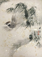 Japanese Shikishi Art Board Vtg Painting Suzume Sparrow Bird Winter Bamboo A834-AD - Painting-chidorivintage.com
