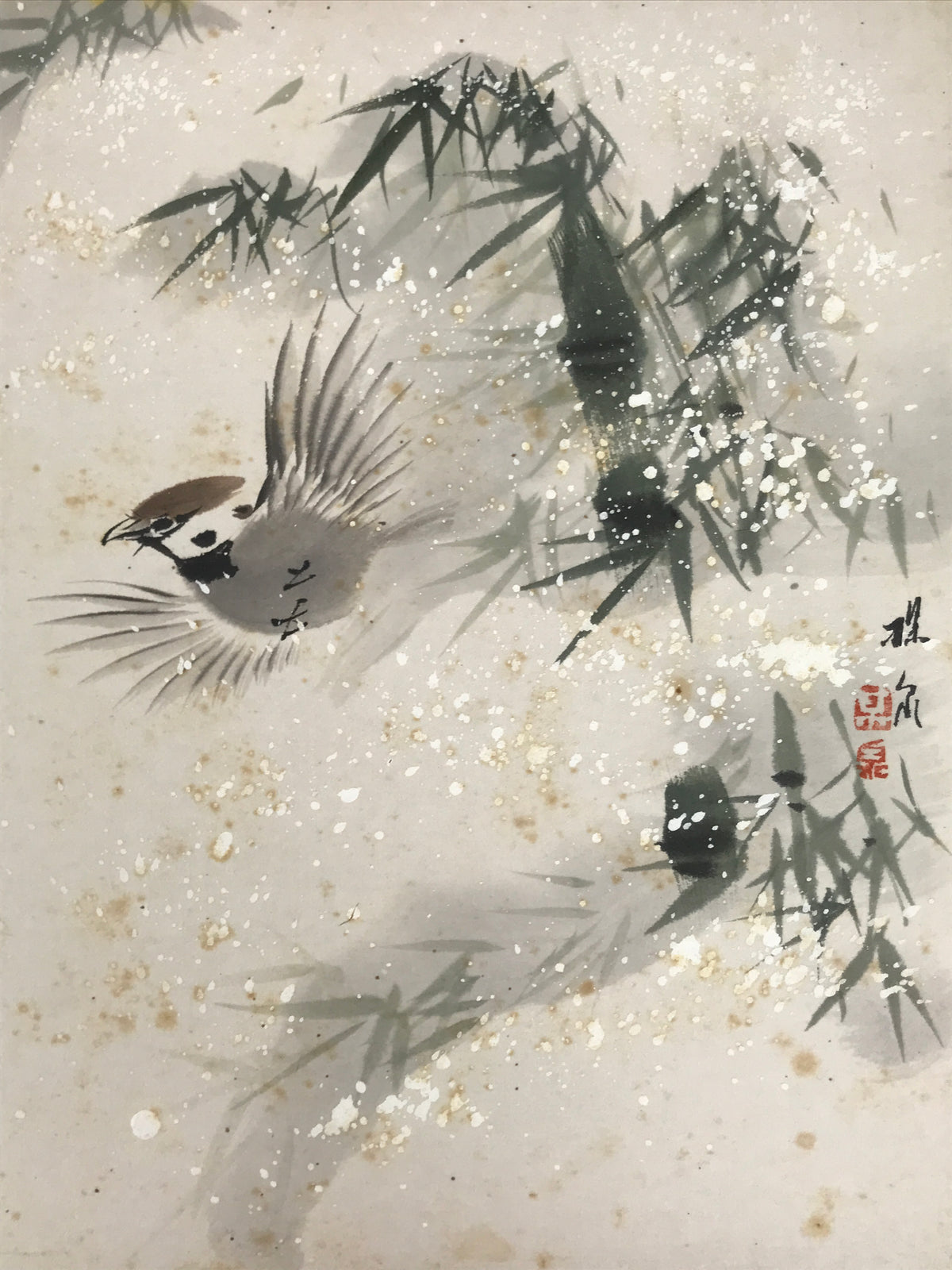 Japanese Shikishi Art Board Vtg Painting Suzume Sparrow Bird Winter Bamboo A834-AD - Painting-chidorivintage.com
