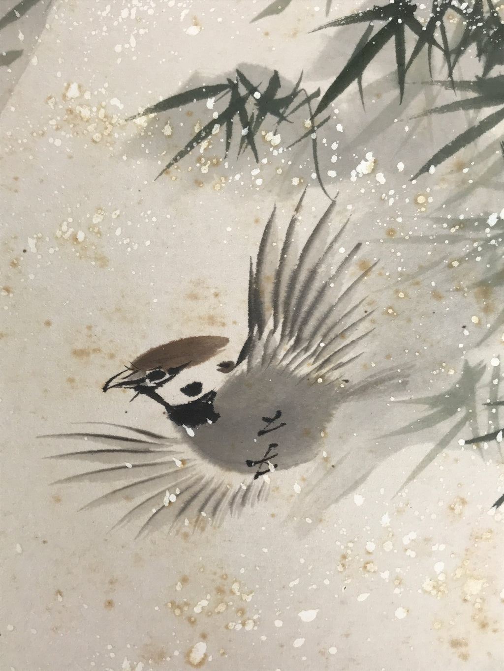 Japanese Shikishi Art Board Vtg Painting Suzume Sparrow Bird Winter Bamboo A834-AD - Painting-chidorivintage.com