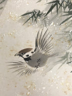 Japanese Shikishi Art Board Vtg Painting Suzume Sparrow Bird Winter Bamboo A834-AD - Painting-chidorivintage.com