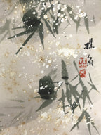 Japanese Shikishi Art Board Vtg Painting Suzume Sparrow Bird Winter Bamboo A834-AD - Painting-chidorivintage.com