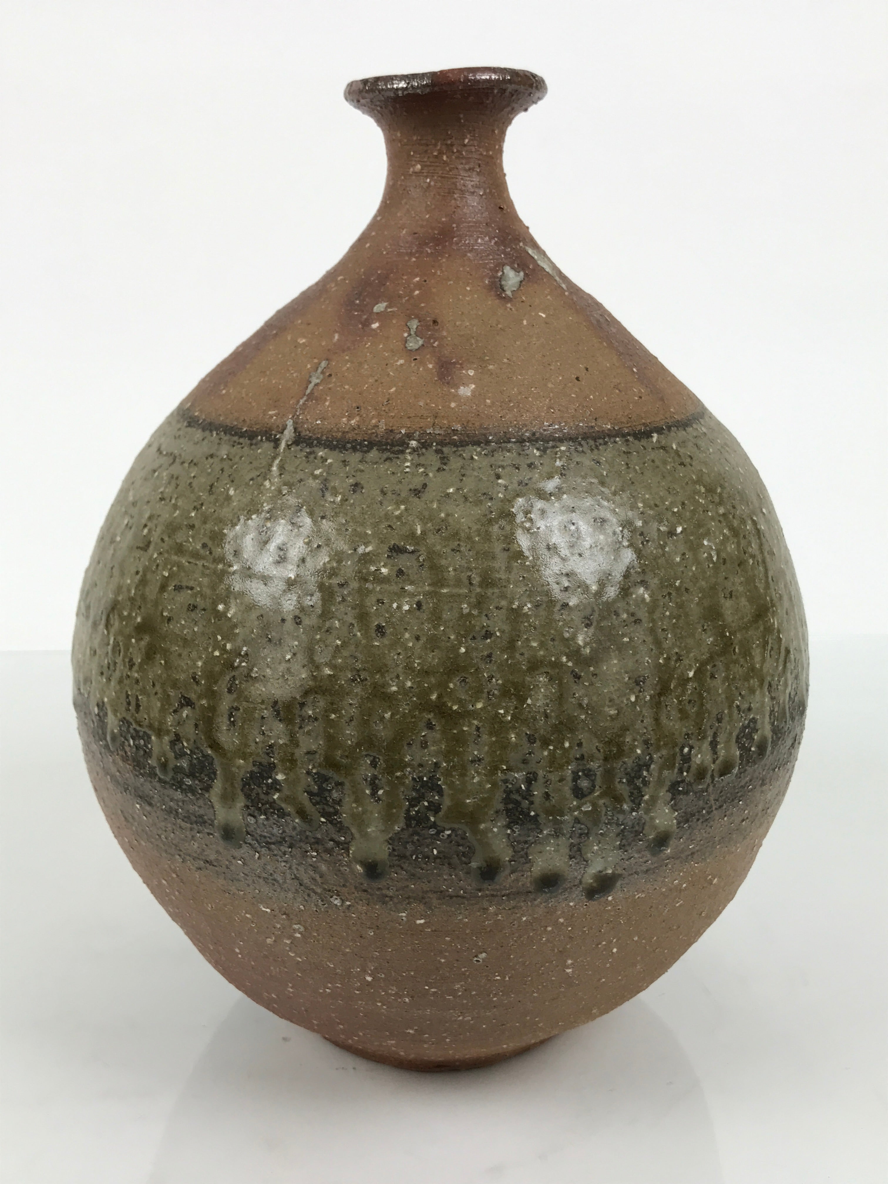 Japanese Ceramic Flower Vase Vtg Ikebana Kabin Brown Round Drip Speckles FK246-KT - Vase-chidorivintage.com