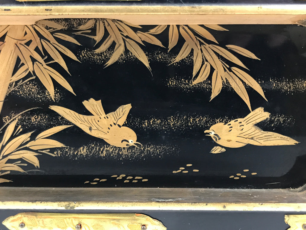 Japanese Buddhist Altar Lacquer Drawer Brass Black Gold Bamboo Birds Makie BP45-OT - Buddhist-chidorivintage.com