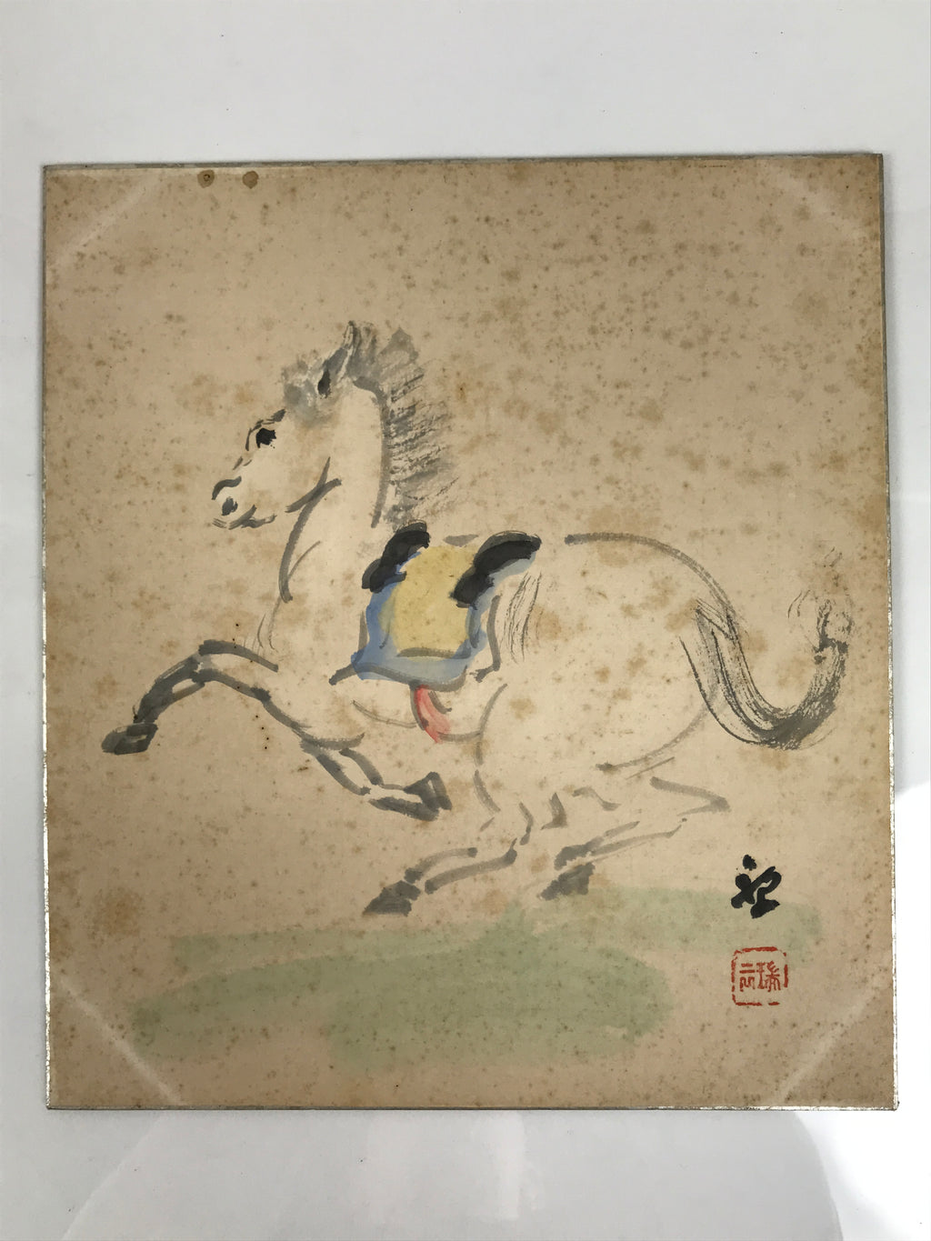 Japanese Shikishi Art Board Vtg Painting Zodiac Prancing White Horse Uma A836-AD - Painting-chidorivintage.com