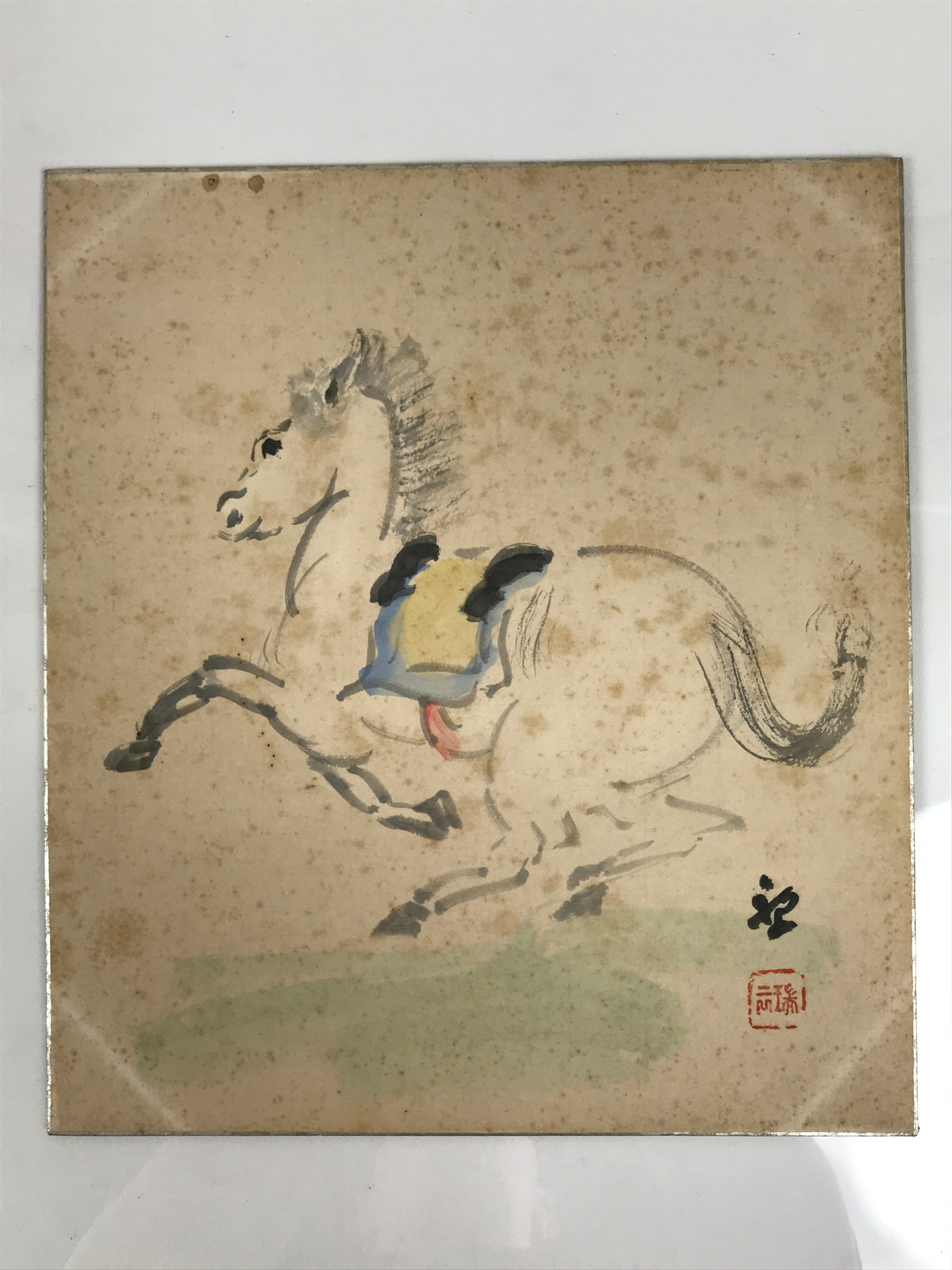 Japanese Shikishi Art Board Vtg Painting Zodiac Prancing White Horse Uma A836-AD - Painting-chidorivintage.com